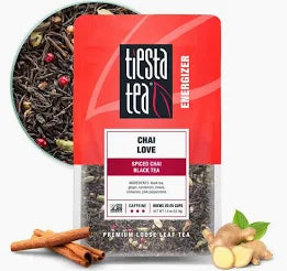 Tiesta Tea Chai Love loose leaf chai tea in a 1.9 oz resealable pouch featuring rich spice-inspired packaging.