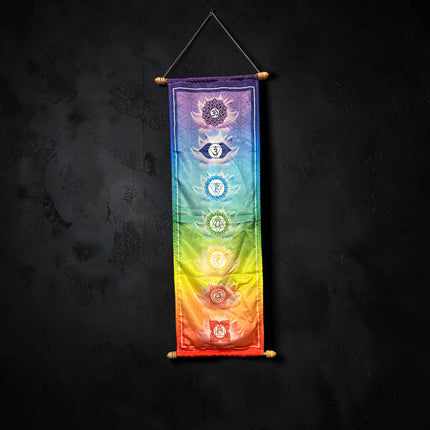 Seven Chakra Banner on High Quality French Crepe Poly measuring 12 x 39 inches featuring traditional chakra symbols for meditation and yoga décor - Raven's Cauldron, Delaware, OH