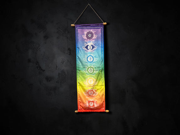 Seven Chakra Banner on High Quality French Crepe Poly measuring 12 x 39 inches featuring traditional chakra symbols for meditation and yoga décor - Raven's Cauldron, Delaware, OH