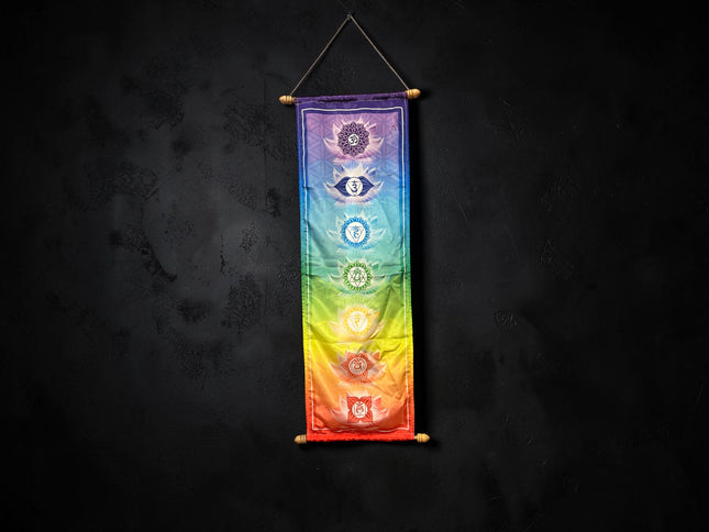 Seven Chakra Banner on High Quality French Crepe Poly measuring 12 x 39 inches featuring traditional chakra symbols for meditation and yoga décor - Raven's Cauldron, Delaware, OH