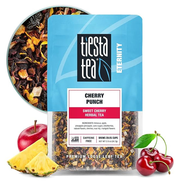Tiesta Tea Cherry Punch loose leaf herbal tea in a 2 oz resealable pouch with bright cherry-themed packaging.