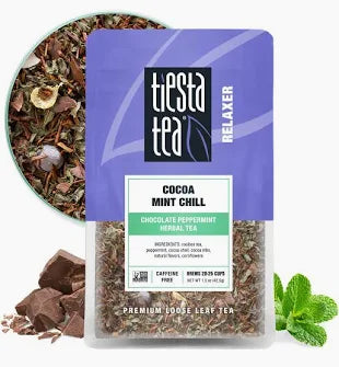 Tiesta Tea Cocoa Mint Chill loose leaf herbal tea in a 1.5 oz pouch with cocoa and mint-inspired packaging.