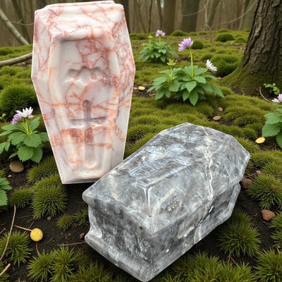 Crystal Coffin Collection – Red Moss Agate, Rose Quartz, Pink Opal, Aventurine, Larvikite, Labradorite, Red Vein Jasper & Astrophyllite Garnet | 2.75–3 in Carved Bat & Cross Design