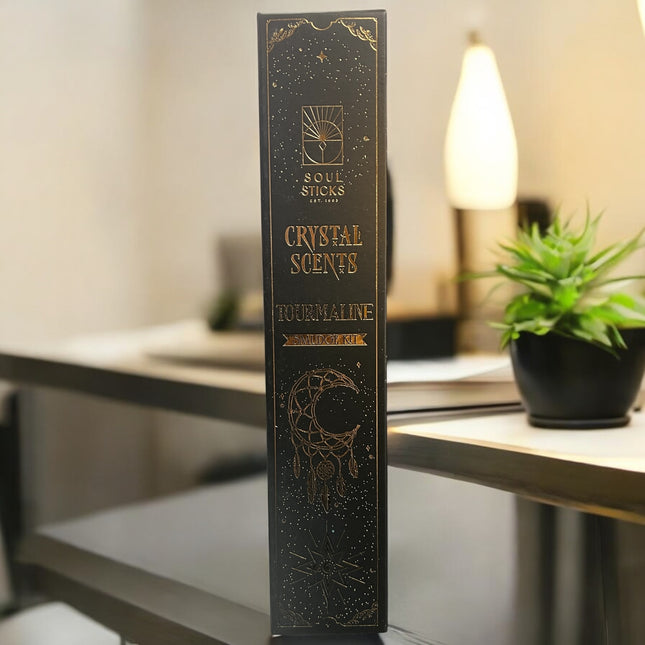 "Soul Sticks Crystal Scents Black Tourmaline Smudge Kit with 20g smudge bundle, Black Tourmaline crystals, handmade in India, natural ingredients, eco-friendly and cruelty-free – available at Raven’s Cauldron. 6 N. Sandusky St, Delaware, OH 43015

