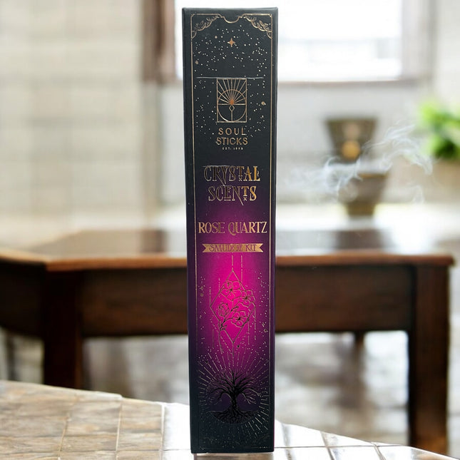 Soul Sticks Crystal Scents Rose Quartz Smudge Kit – Handmade eco-friendly smudge blend with Rose Quartz crystals, 20g, natural zero-waste packaging from Raven’s Cauldron, 6 N. Sandusky St., Delaware, OH 43015
