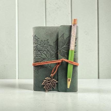 Maple Leaf Journal with matching crystal pen measuring 5.75 x 4.25 inches for journaling, tarot notes and spiritual writing.