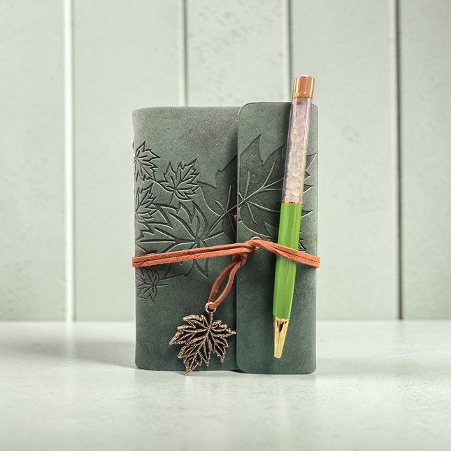 Maple Leaf Journal with matching crystal pen measuring 5.75 x 4.25 inches for journaling, tarot notes and spiritual writing.
