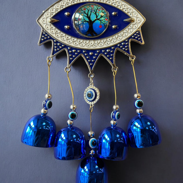 Evil Eye Wind Chimes with Tree of Life & Five Bells – 17" Spiritual Protection Decor