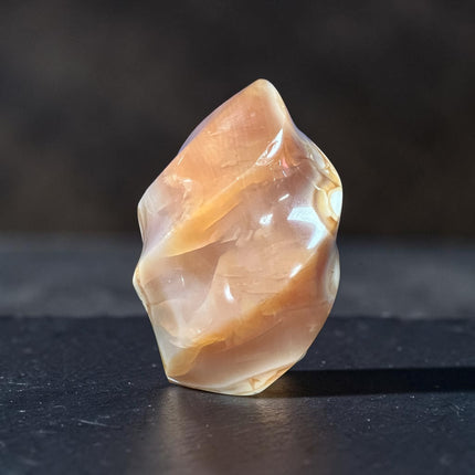 Polished Carnelian Flame with natural Agate eyes weighing 231 grams measuring approximately 3 x 1.75 x 2 inches – Raven's Cauldron, Delaware, OH