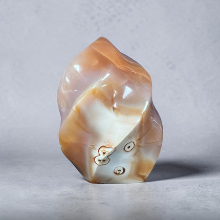 Polished Carnelian Flame with natural Agate eyes weighing 231 grams measuring approximately 3 x 1.75 x 2 inches – Raven's Cauldron, Delaware, OH