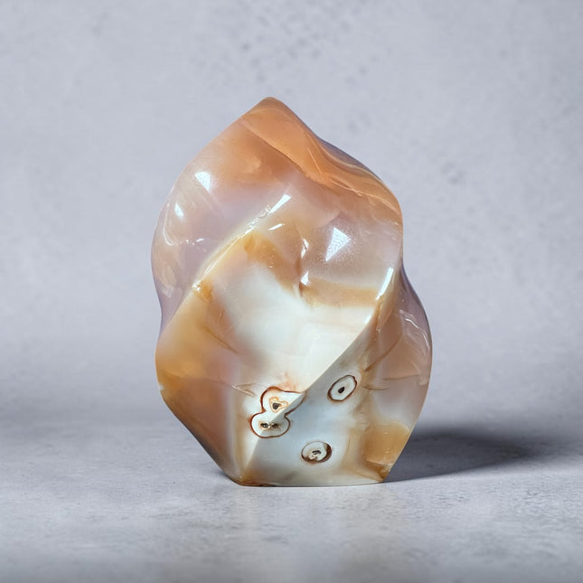 Polished Carnelian Flame with natural Agate eyes weighing 231 grams measuring approximately 3 x 1.75 x 2 inches – Raven's Cauldron, Delaware, OH