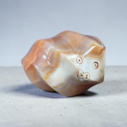 Polished Carnelian Flame with natural Agate eyes weighing 231 grams measuring approximately 3 x 1.75 x 2 inches – Raven's Cauldron, Delaware, OH