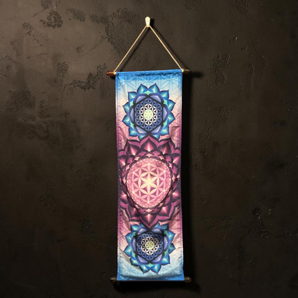 Flower of Life sacred geometry French Crepe Poly banner measuring 12 x 39 inches displayed as spiritual wall décor - Raven's Cauldron, Delaware, OH
