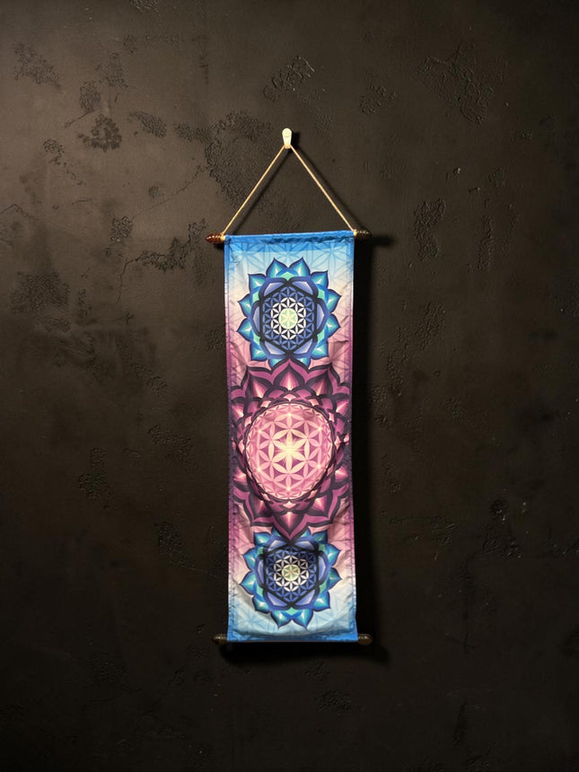 Flower of Life sacred geometry French Crepe Poly banner measuring 12 x 39 inches displayed as spiritual wall décor - Raven's Cauldron, Delaware, OH