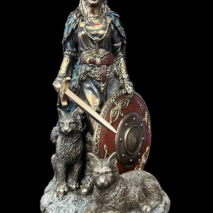 Freya, Norse Shield Maiden, with Cats, Shield, and Sword Statue by Veronese Design - Raven's Cauldron