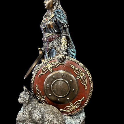 Freya, Norse Shield Maiden, with Cats, Shield, and Sword Statue by Veronese Design - Raven's Cauldron