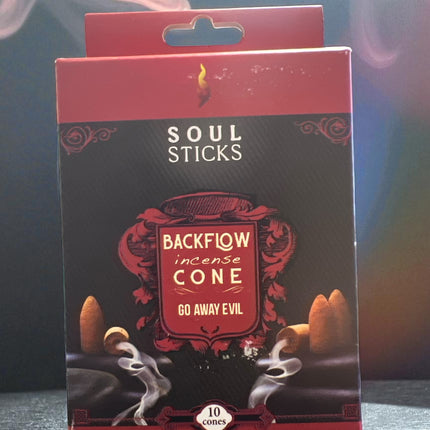 Box of Soul Sticks Backflow incense cone with smoke effect in the background, Raven's Cauldron, 6 N Sandusky St, Delaware, OH 43015