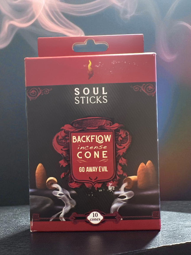 Box of Soul Sticks Backflow incense cone with smoke effect in the background, Raven's Cauldron, 6 N Sandusky St, Delaware, OH 43015