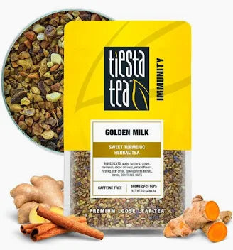 Tiesta Tea Golden Milk loose leaf herbal tea 3 oz pouch with turmeric, ginger, cinnamon, and warming spices