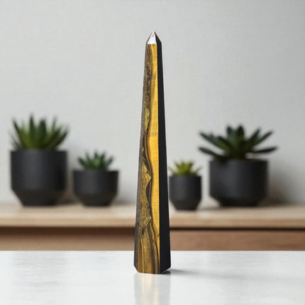 11.5-inch tall polished Golden Tiger’s Eye Obelisk Tower with shimmering golden bands, perfect for confidence and spiritual grounding"