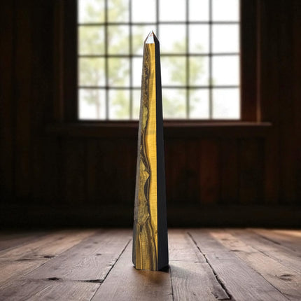 11.5-inch tall polished Golden Tiger’s Eye Obelisk Tower with shimmering golden bands, perfect for confidence and spiritual grounding"