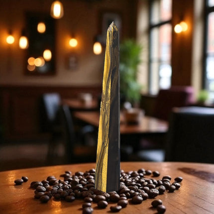 11.5-inch tall polished Golden Tiger’s Eye Obelisk Tower with shimmering golden bands, perfect for confidence and spiritual grounding"