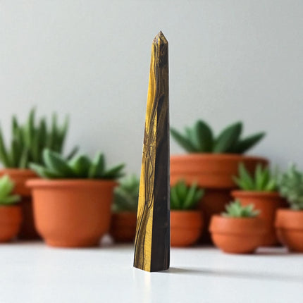 11.5-inch tall polished Golden Tiger’s Eye Obelisk Tower with shimmering golden bands, perfect for confidence and spiritual grounding"