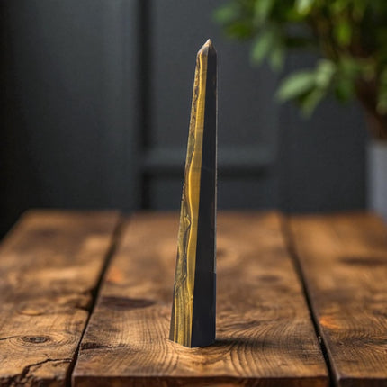 11.5-inch tall polished Golden Tiger’s Eye Obelisk Tower with shimmering golden bands, perfect for confidence and spiritual grounding"