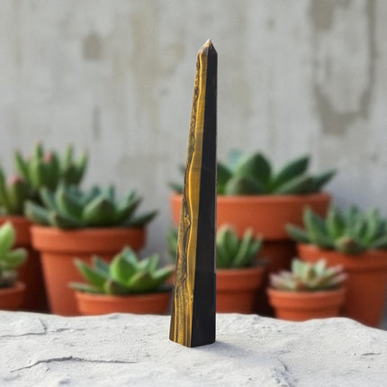 11.5-inch tall polished Golden Tiger’s Eye Obelisk Tower with shimmering golden bands, perfect for confidence and spiritual grounding"