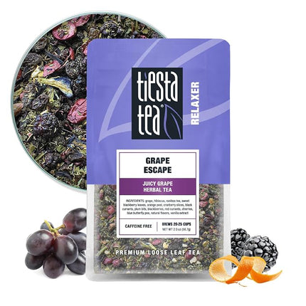 Tiesta Tea Grape Escape loose leaf herbal tea in a 2 oz resealable pouch with vibrant grape-inspired packaging.