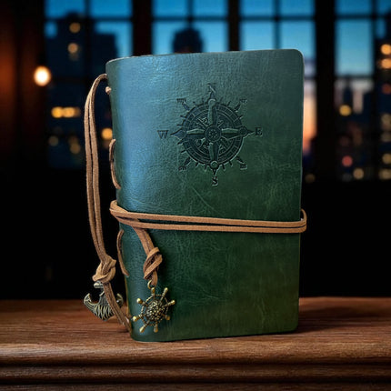 Green leather notebook with compass design on a wooden surface, Ravens Cauldron, 6 N Sandusky St, Delaware OH 43015