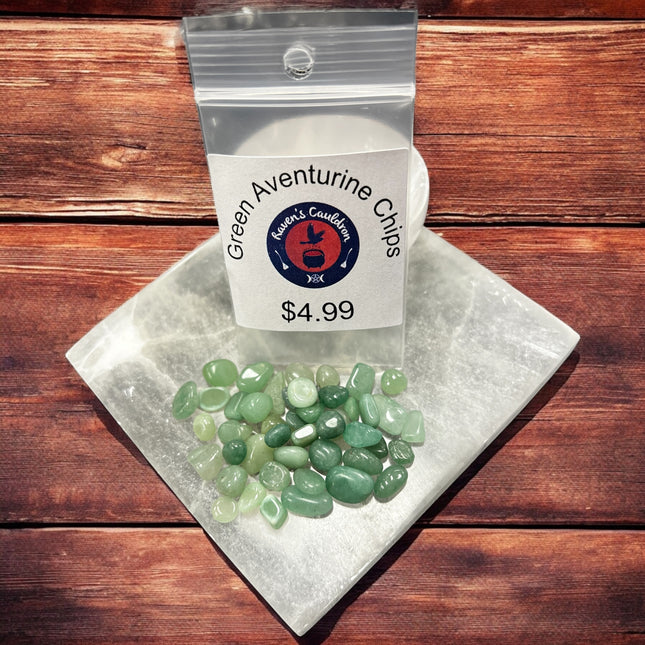 Green Aventurine Gemstone Chips, 1 oz bag, Raven's Cauldron, 6 N. Sandusky St, Delaware, OH 43015