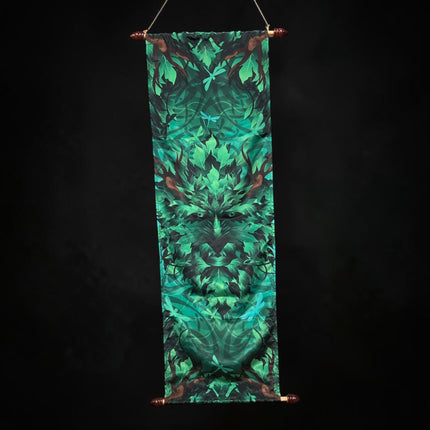 Green Man French Crepe Poly banner measuring 12 x 39 inches featuring vibrant woodland nature spirit artwork for Pagan altar and home décor - Raven's Cauldron, Delaware, OH