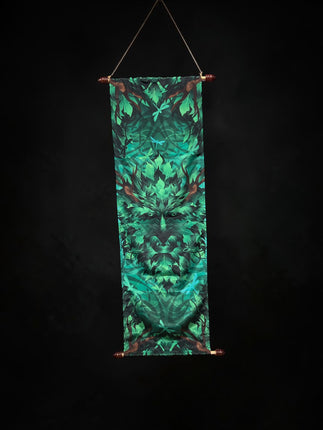 Green Man French Crepe Poly banner measuring 12 x 39 inches featuring vibrant woodland nature spirit artwork for Pagan altar and home décor - Raven's Cauldron, Delaware, OH