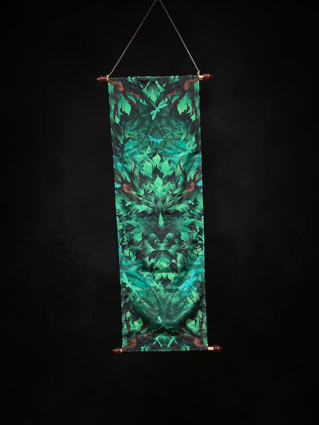 Green Man French Crepe Poly banner measuring 12 x 39 inches featuring vibrant woodland nature spirit artwork for Pagan altar and home décor - Raven's Cauldron, Delaware, OH