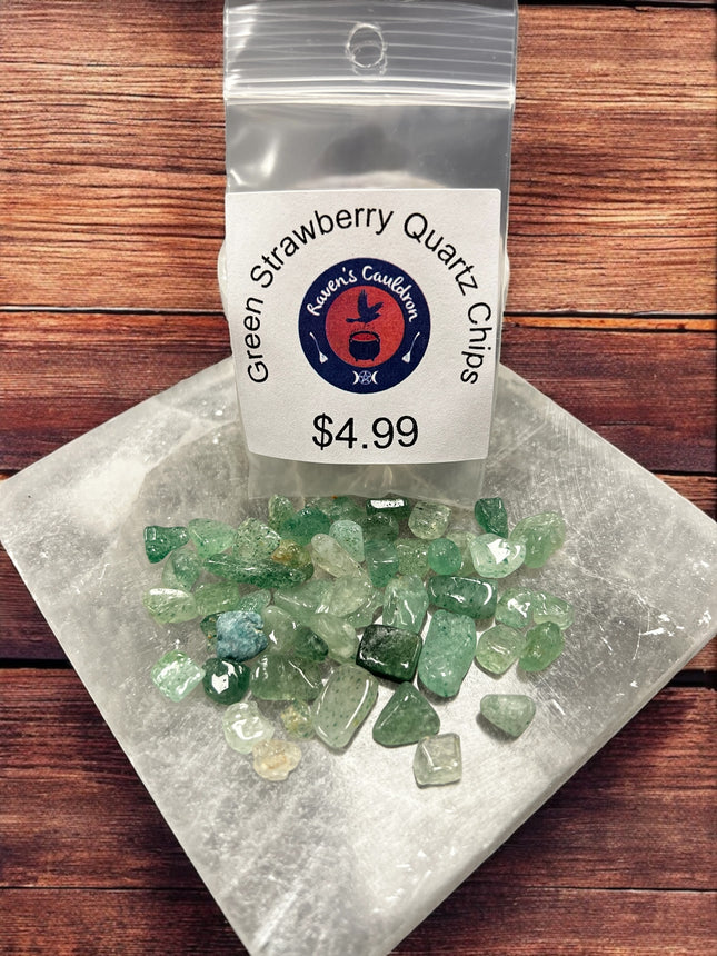 green strawberry quartz gemstone chips 1 oz bag, Raven's Cauldron, 6 N Sandusky St, Delaware, OH 43015