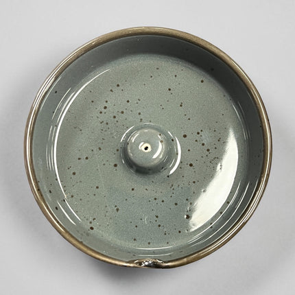 Dark grey glossy speckled ceramic incense burner dish round 3.75 inch with side notch for incense stick holder, Raven's Cauldron, 6 N Sandusky St, Delaware, OH 43015