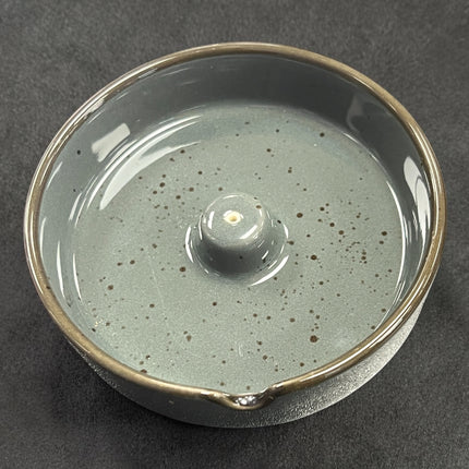 Dark grey glossy speckled ceramic incense burner dish round 3.75 inch with side notch for incense stick holder, Raven's Cauldron, 6 N Sandusky St, Delaware, OH 43015