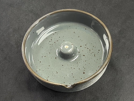 Dark grey glossy speckled ceramic incense burner dish round 3.75 inch with side notch for incense stick holder, Raven's Cauldron, 6 N Sandusky St, Delaware, OH 43015