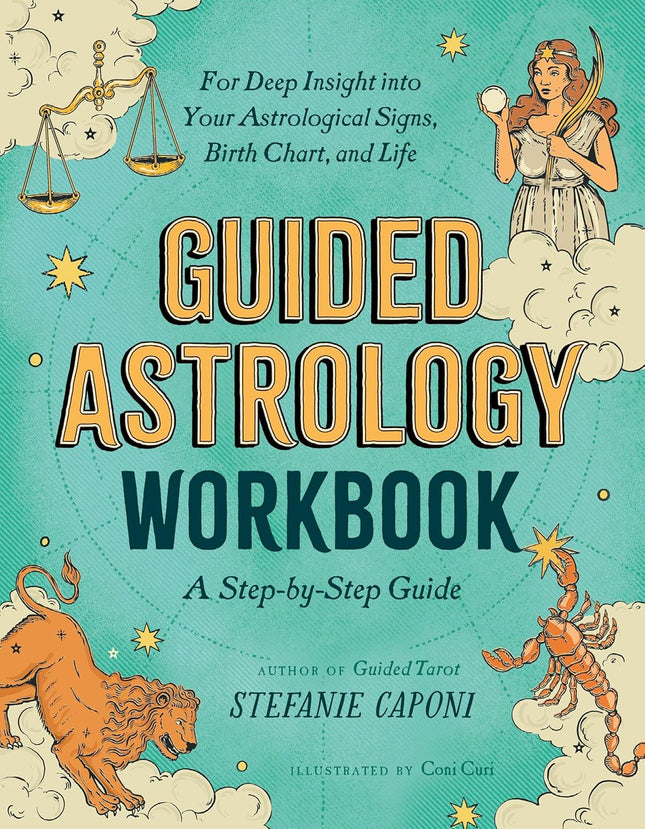 Book cover of 'Guided Astrology Workbook' with astrological symbols and illustrations. Raven's Cauldron, 6 N Sandusky St, Delaware, OH 43015