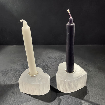 Selenite heart candle holder for chime candles, polished crystal holder for energy cleansing and altar use at Raven’s Cauldron, 6 N Sandusky St, Delaware, OH 43015