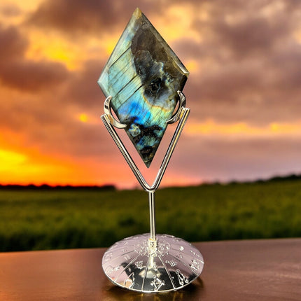 Labradorite Rhombus / Diamond with Zodiac Stand - Raven's Cauldron