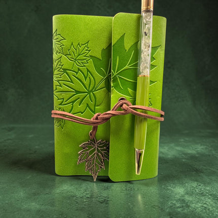 Maple Leaf Journal with matching crystal pen measuring 5.75 x 4.25 inches for journaling, tarot notes and spiritual writing.