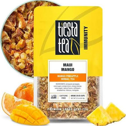 Tiesta Tea Maui Mango loose leaf tea in a 2.2 oz resealable pouch with tropical mango-inspired packaging.