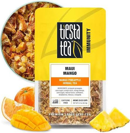 Tiesta Tea Maui Mango loose leaf tea in a 2.2 oz resealable pouch with tropical mango-inspired packaging.