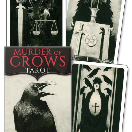 Murder of Crows Tarot Mini by Corrado Roi featuring a 78-card gothic black-and-white tarot deck published by Llewellyn in a compact travel-sized edition.