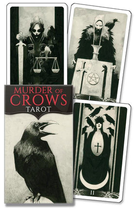 Murder of Crows Tarot Mini by Corrado Roi featuring a 78-card gothic black-and-white tarot deck published by Llewellyn in a compact travel-sized edition.
