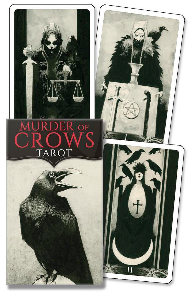 Murder of Crows Tarot Mini by Corrado Roi featuring a 78-card gothic black-and-white tarot deck published by Llewellyn in a compact travel-sized edition.