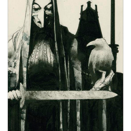Murder of Crows Tarot Mini by Corrado Roi featuring a 78-card gothic black-and-white tarot deck published by Llewellyn in a compact travel-sized edition.