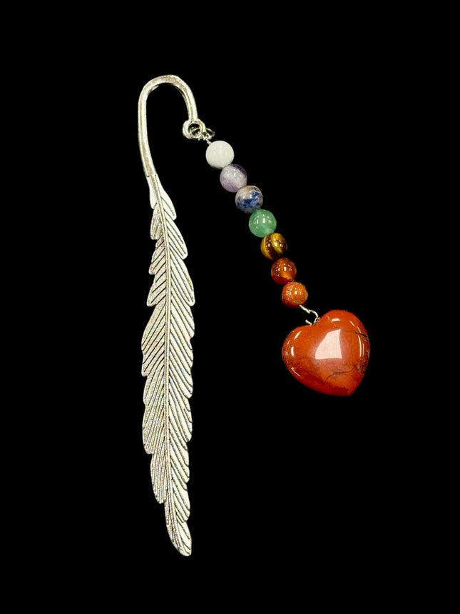 Metal Feather, Gemstone Heart & Chakra Stone Bookmark - Raven's Cauldron